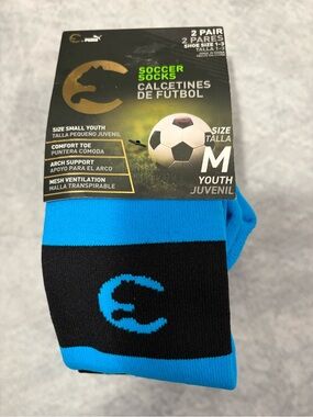 Puma Soccer Socks Youth Medium 2 Pack Black Blue Performance Knee High NWT